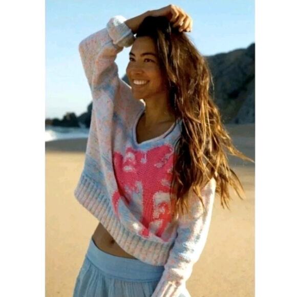 Anthropologie Chunky Knit Cotton Pullover Sweater Size Med Speckled Palm Trees - Picture 3 of 9